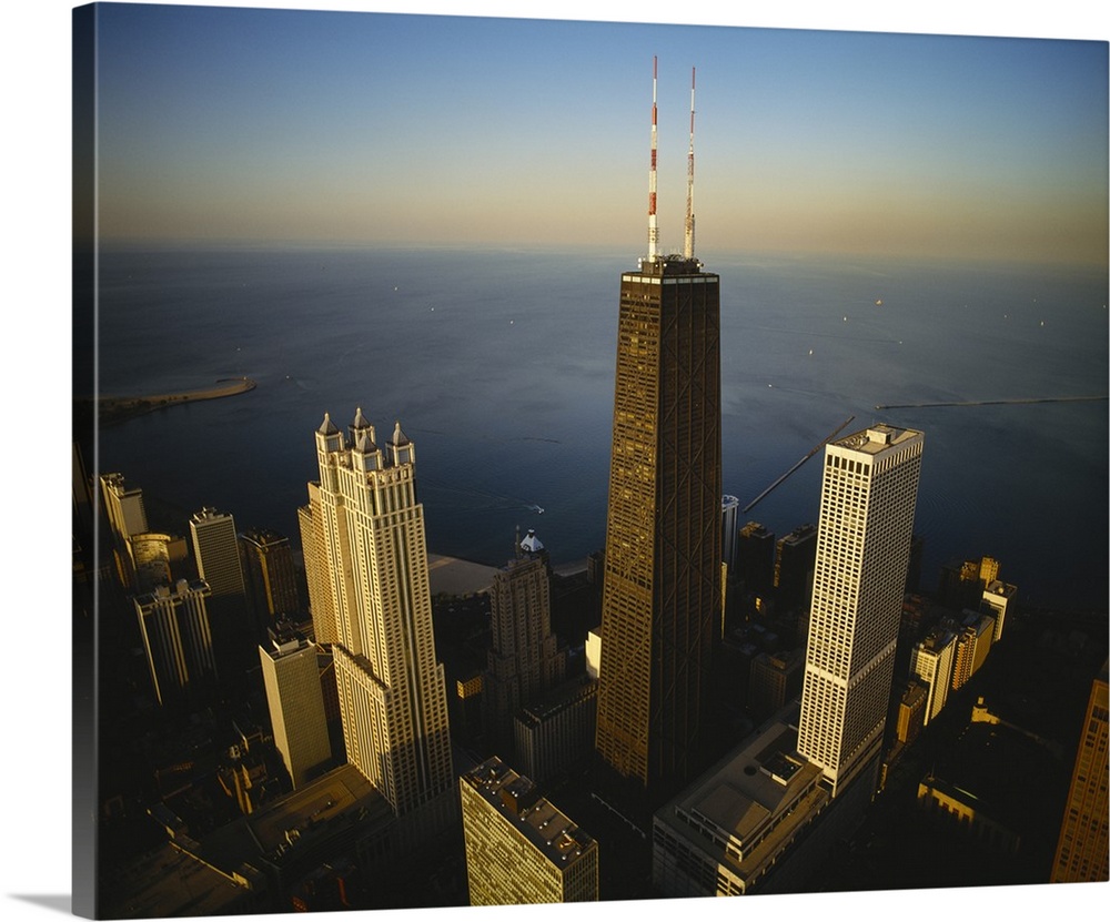 Large photo on canvas of an upclose view of buildings in downtown Chicago along the waterfront.