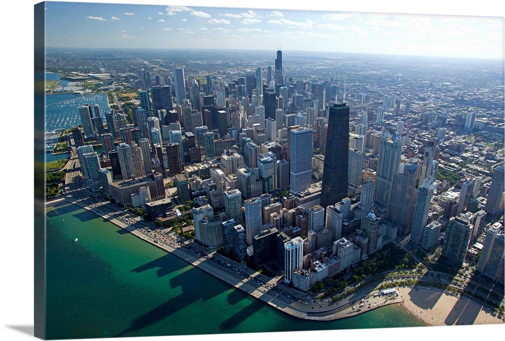 Aerial view of a city, Oak Street Beach, Lake Michigan, Chicago, Cook County, Illinois, USA