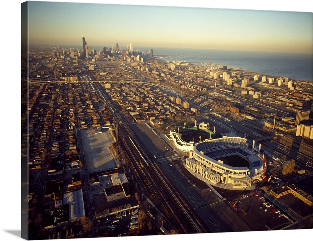 Aerial view of a city, Old Comiskey Park, New Comiskey Park, Chicago, Cook  County, Illinois, Solid-Faced Canvas Print