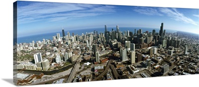 Aerial view of a cityscape with Lake Michigan in the background Chicago River Chicago Cook County Illinois