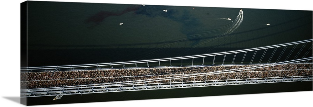 Aerial view of a crowd running on a bridge, New York City Marathon, New York City, New York
