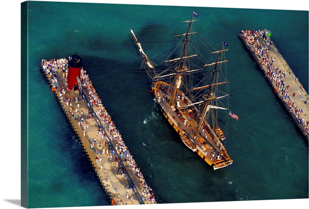 Aerial view of a tall ship during festival, South Haven, Michigan, USA