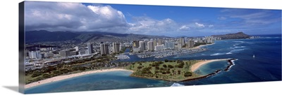Aerial view of buildings at the waterfront, Ala Moana Beach Park, Waikiki Beach, Honolulu, Oahu, Hawaii