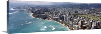 Aerial view of buildings at the waterfront, Waikiki Beach, Honolulu, Oahu, Hawaii