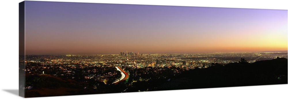 Aerial view of buildings in a city at dusk from Hollywood Hills, Hollywood, City of Los Angeles, California