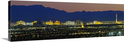 Aerial view of buildings lit up at dusk, Las Vegas, Nevada