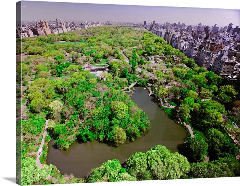 Aerial view of Central Park in spring near Columbus Circle in Manhattan, New York City, New York