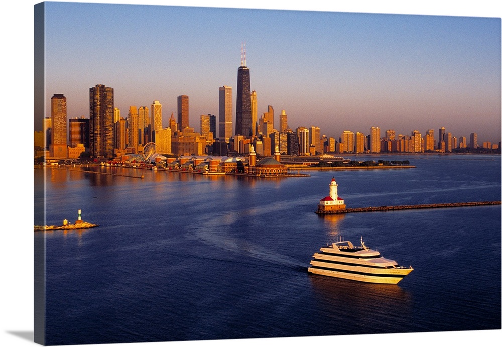 Aerial view of Chicago skyline at sunrise, Chicago, Cook County, Illinois, USA