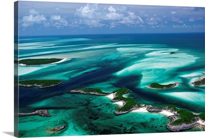 Aerial view of island in Caribbean Sea, Great Exuma Island, Bahamas