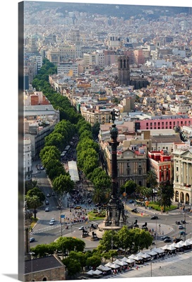 Aerial view of La Rambla near the waterfront with Columbus statue in Barcelona, Spain