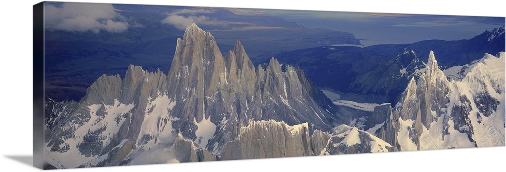 Panoramic aerial view at 3400 meters of Mount Fitzroy, Cerro Torre Range and Andes Mountains, Patagonia, Argentina
