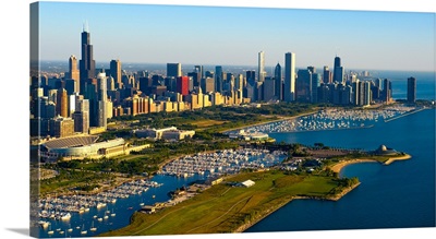 Aerial view of Museum Campus and skyline, Chicago, Cook County, Illinois