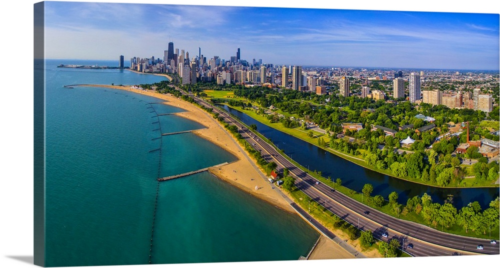 Aerial view of shoreline and Lincoln Park lagoon, Chicago, Cook County, Illinois, USA