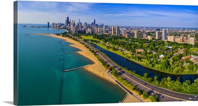 Aerial view of shoreline and Lincoln Park lagoon, Chicago, Cook County, Illinois
