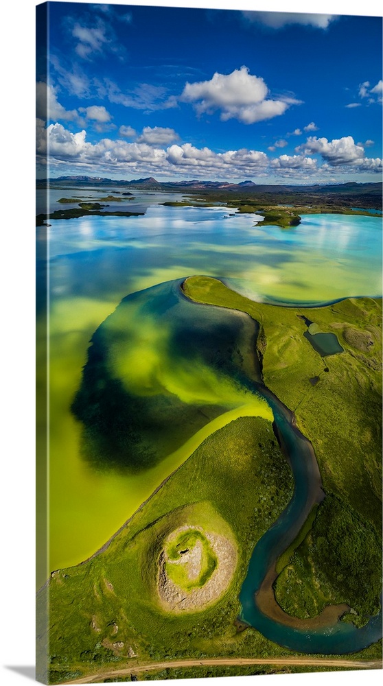 Aerial view of Skutustadagigar Pseudocrater, Lake Myvatn, Iceland. The craters were formed by steam explosions, when boili...