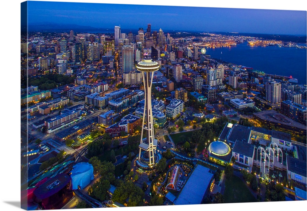 Aerial view of Skyline with Space Needle in Seattle, King County, Washington State, USA