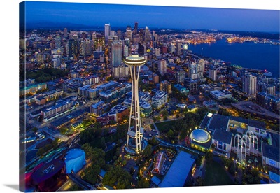 Aerial view of Skyline with Space Needle in Seattle, King County, Washington State