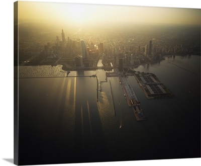 Aerial view of sunrise over a cityscape, Chicago, Illinois