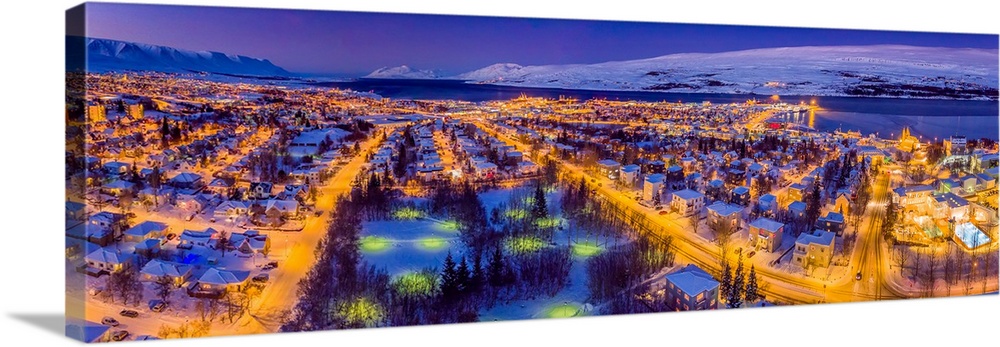 Aerial view - Wintertime in Akureyri, Northern, Iceland.