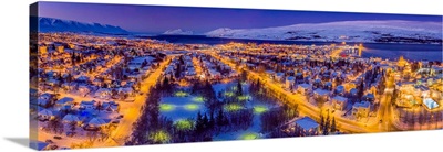 Aerial view - Wintertime in Akureyri, Northern, Iceland