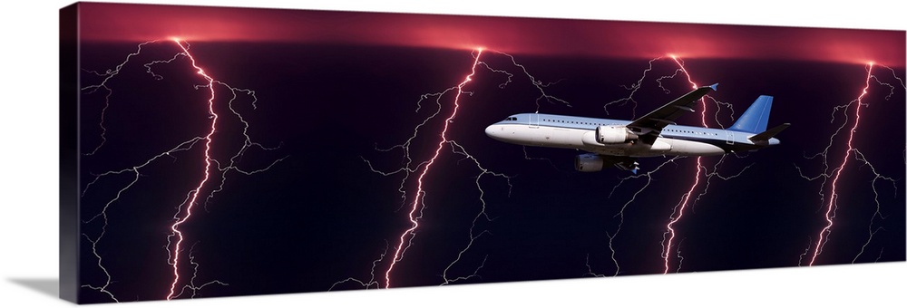 Airplane in flight through a lighting and rain storm