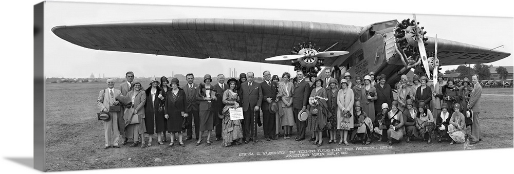 Vintage panoramic image of Amelia Earhart and  plane gathered with supporters in Philadelphia.