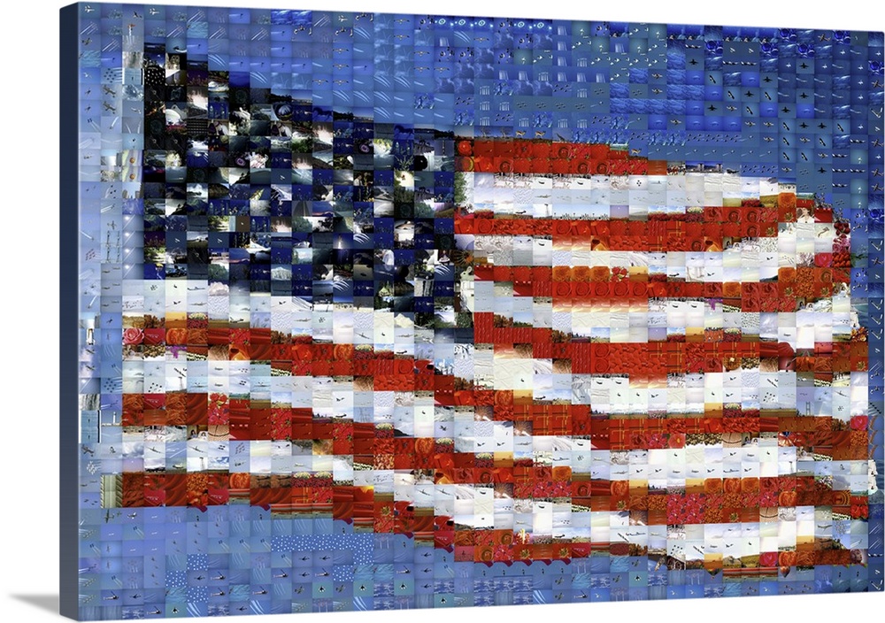 This decorative accent is a photo mosaic collage and created with hundreds of small photographs to create the flag in the ...
