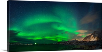 Aurora borealis above Ramberg, Lofoten, Nordland, Norway