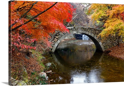 Autumn Color And Old Stone Arched Bridge, Namsangol Village, Seoul, South Korea