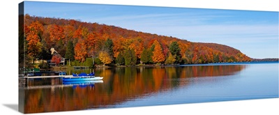 Autumn trees at lakeshore, Lake Bowker, Quebec, Canada