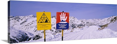 Avalanche Warning signs on a ski slope, Rendl, St. Anton, Austria