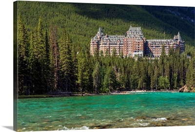 Banff Springs Hotel by Bow River in Banff National Park, Alberta, Canada