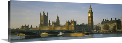 Barge in a river, Thames River, Big Ben, City Of Westminster, London, England