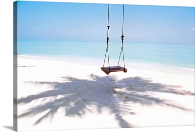Beach swing and shadow of palm tree on sand
