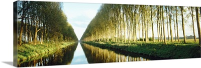 Belgium, tree lined waterway through countryside