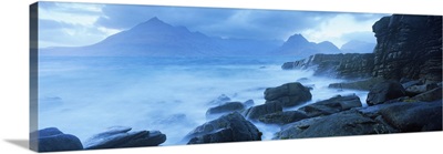 Black Cuillin and waves at coast, Elgol, Isle of Skye, Inner Hebrides, Scotland