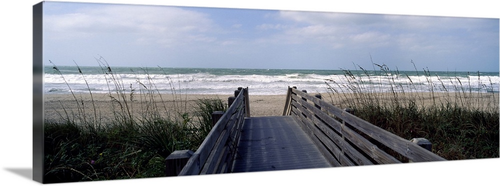 A wide panoramic photograph on canvas perfect for hanging in a living or dining room of a view down a boardwalk through se...