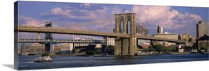 Boat in a river, Brooklyn Bridge, East River, New York City, New York State image thumbnail