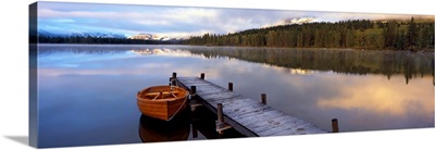 Boat moored at a pier, Hector Lake, Mt John Laurie, Rocky Mountains, Kananaskis Country, Calgary, Alberta, Canada