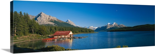 Boathouse on a lake, Maligne Lake, Jasper National Park, Alberta ...