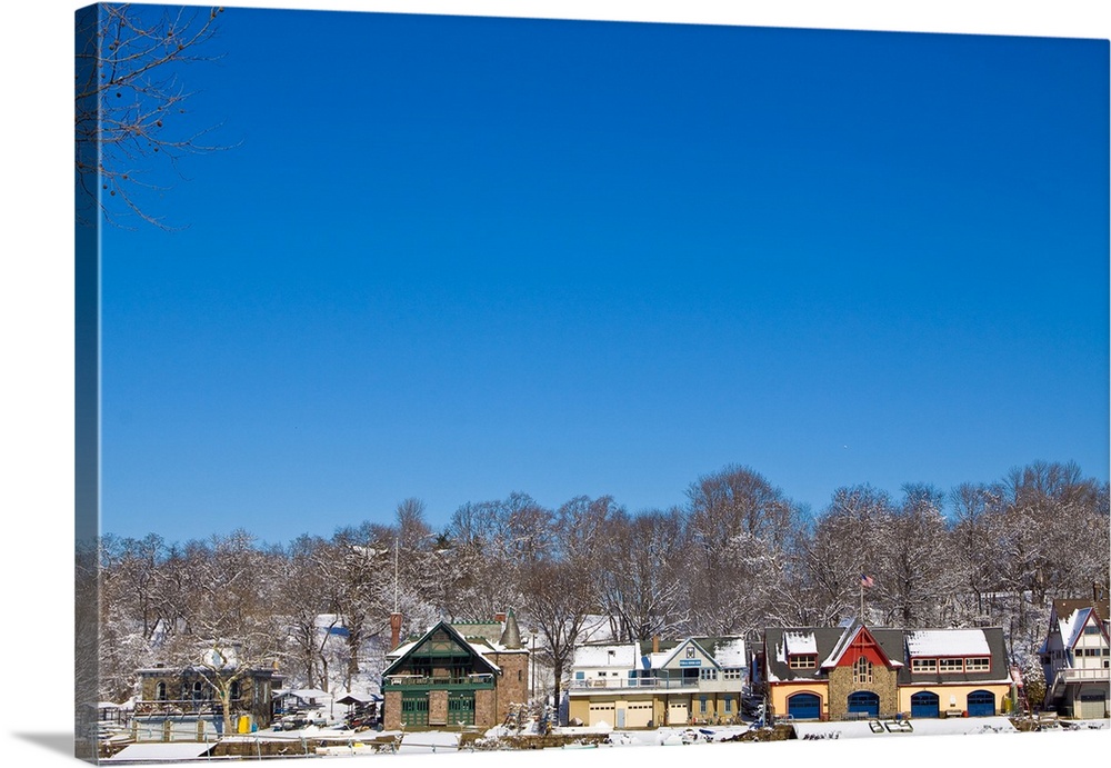 BOATHOUSE ROW IN WINTER SNOW BRIGHT BLUE CLOUDLESS SKY PHILADELPHIA