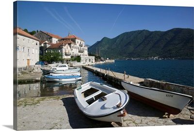 Boats at a harbor, Perast, Bay of Kotor, Kotor, Montenegro