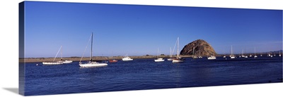 Boats at a harbor with rock in the background Morro Rock Morro Bay California