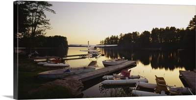 Boats docked in a lake, Annabessacook Lake, Winthrop, Maine