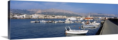 Boats moored at a harbor, Chios Harbour, Chios Island, Greece
