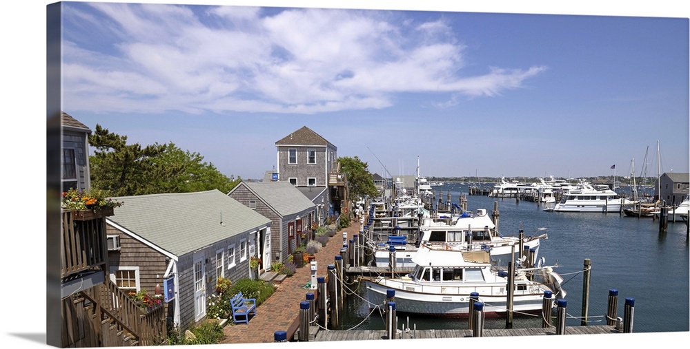 Boats moored at a harbor, Old South Wharf, Nantucket Anglers Club, Nantucket Harbor, Nantucket, Massachusetts