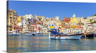 Boats moored at a port, Marina Corricella, Procida, Bay of Naples, Campania, Italy