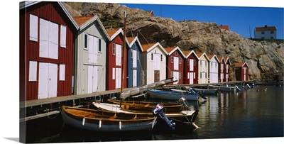 Boats moored at the dock, Smogen, Sotenas Municipality, Bohuslan, Sweden