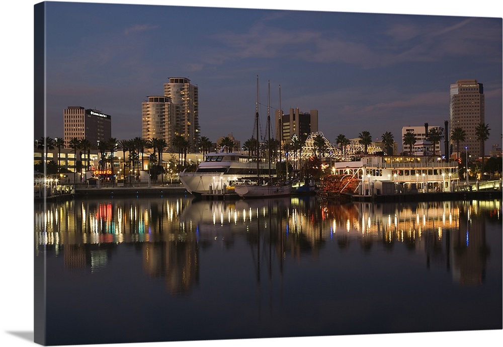 Boats on a marina at dusk, Shoreline Village, Long Beach, Los Angeles County, California, USA