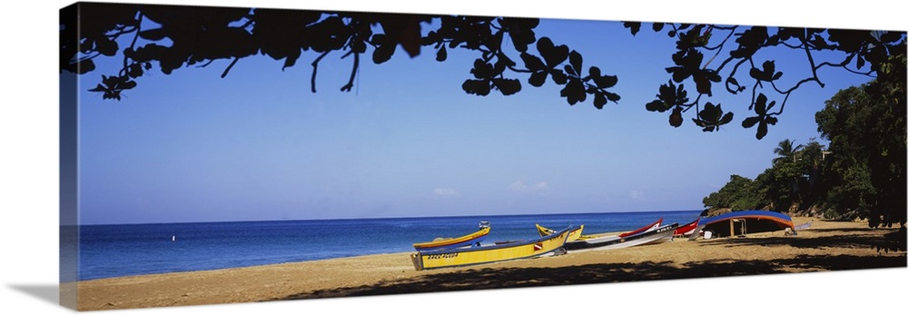 This is a panoramic photograph of boats on the sandy shore and framed with tropical foliage.